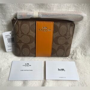 Coach Corner Zip Wristlet in Tangerine and Khaki Signature Coated Canvas